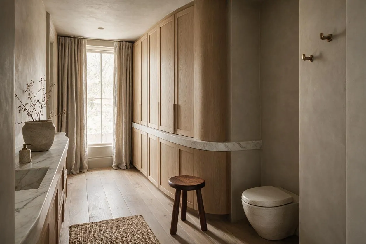 A narrow organic modern bathroom with light oak cabinetry, a marble vanity, and soft beige plaster walls. Linen curtains filter daylight from a tall window, while a woven rug, wooden stool, and rounded toilet add natural texture and warmth.