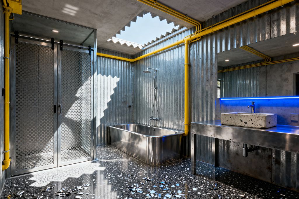 A contemporary industrial bathroom features corrugated metal walls, exposed yellow pipes, and a stainless-steel tub beneath a wall-mounted shower. A long mirror with blue LED backlighting sits above a steel vanity with a terrazzo-style concrete vessel sink. The black terrazzo floor includes reflective chips, and a jagged-edged skylight projects angular light patterns. A glass enclosure with perforated metal panels completes the space.