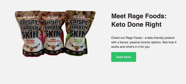 The image features three varieties of crispy chicken skin snacks from Rage Foods, along with promotional text about the product.