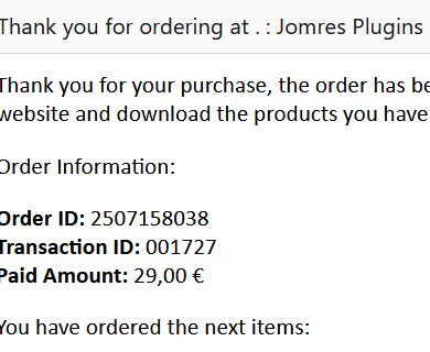 The image displays an order confirmation for a plugin purchase from Jomres Plugins.