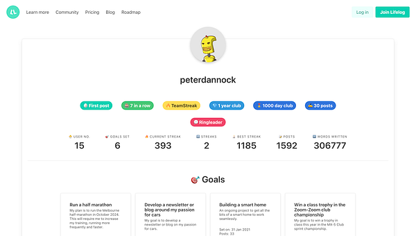 The image displays a user profile on the Lifelog platform, showcasing various statistics and goals of the user 'peterdannock'.
