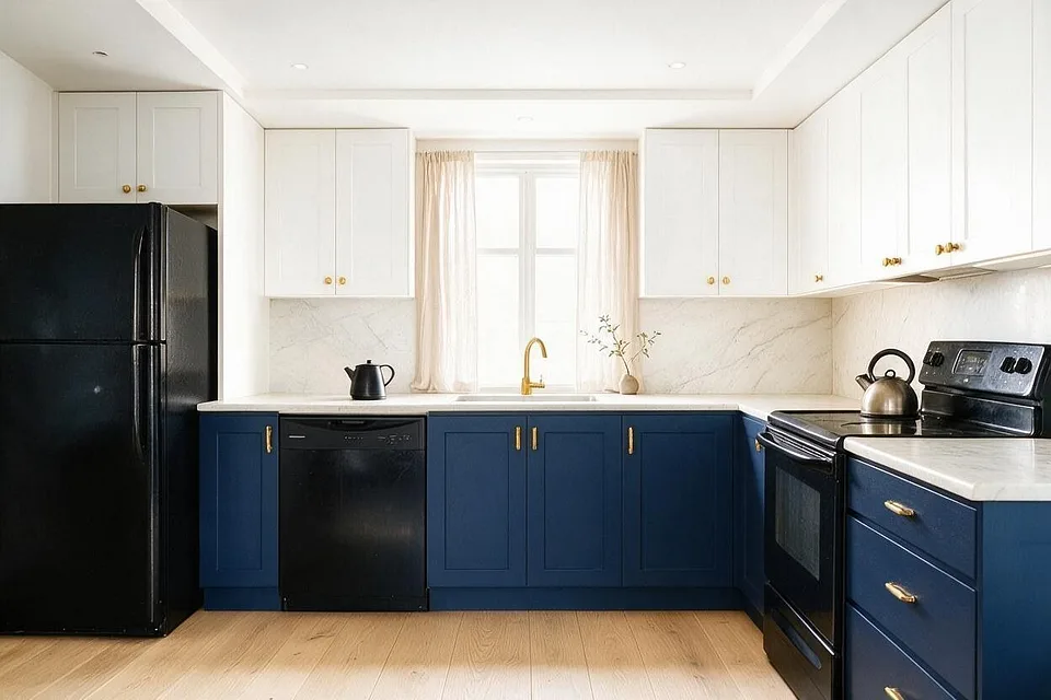 A Minimalist kitchen in the Navy Lowers palette