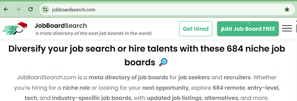 A screenshot of a webpage displaying a table of job boards with their website URLs and job posting numbers in a browser interface.