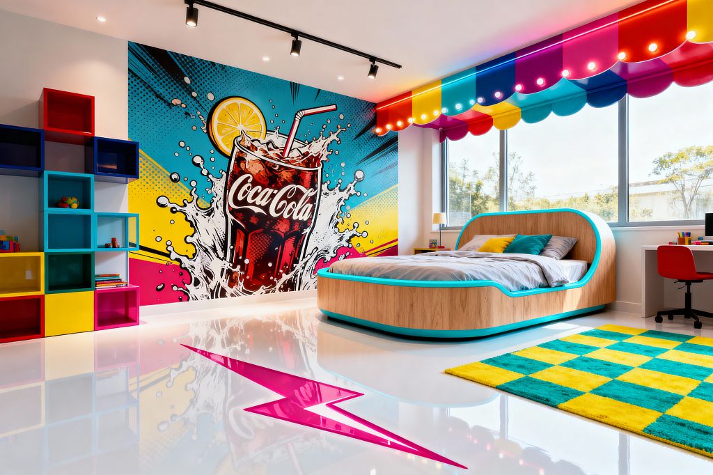 A kids’ bedroom features a large pop art mural of a fizzy soda splash behind modular cube shelving in primary colors. A rounded light-wood bed trimmed in bright cyan faces wide windows beneath a scalloped canopy of multicolor panels with marquee bulbs; a white desk with a red chair, a teal-and-yellow checker rug, glossy white floors with a magenta lightning-bolt inlay, and black track lighting complete the playful scene.