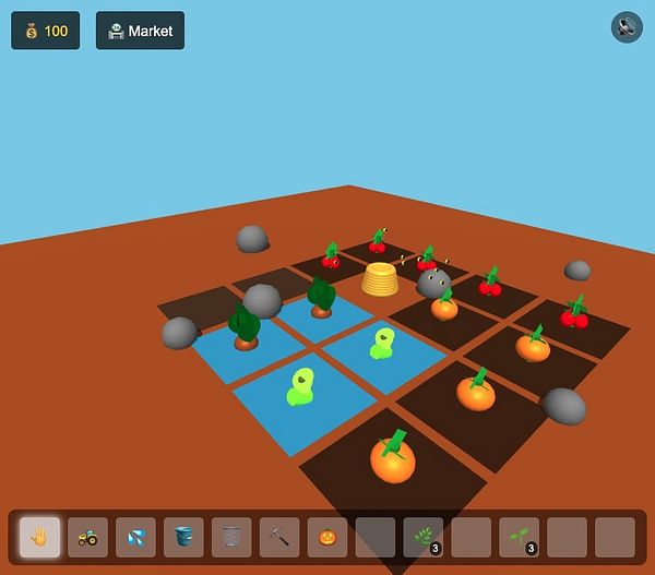 A colorful farming simulation game interface displaying various crops and items.