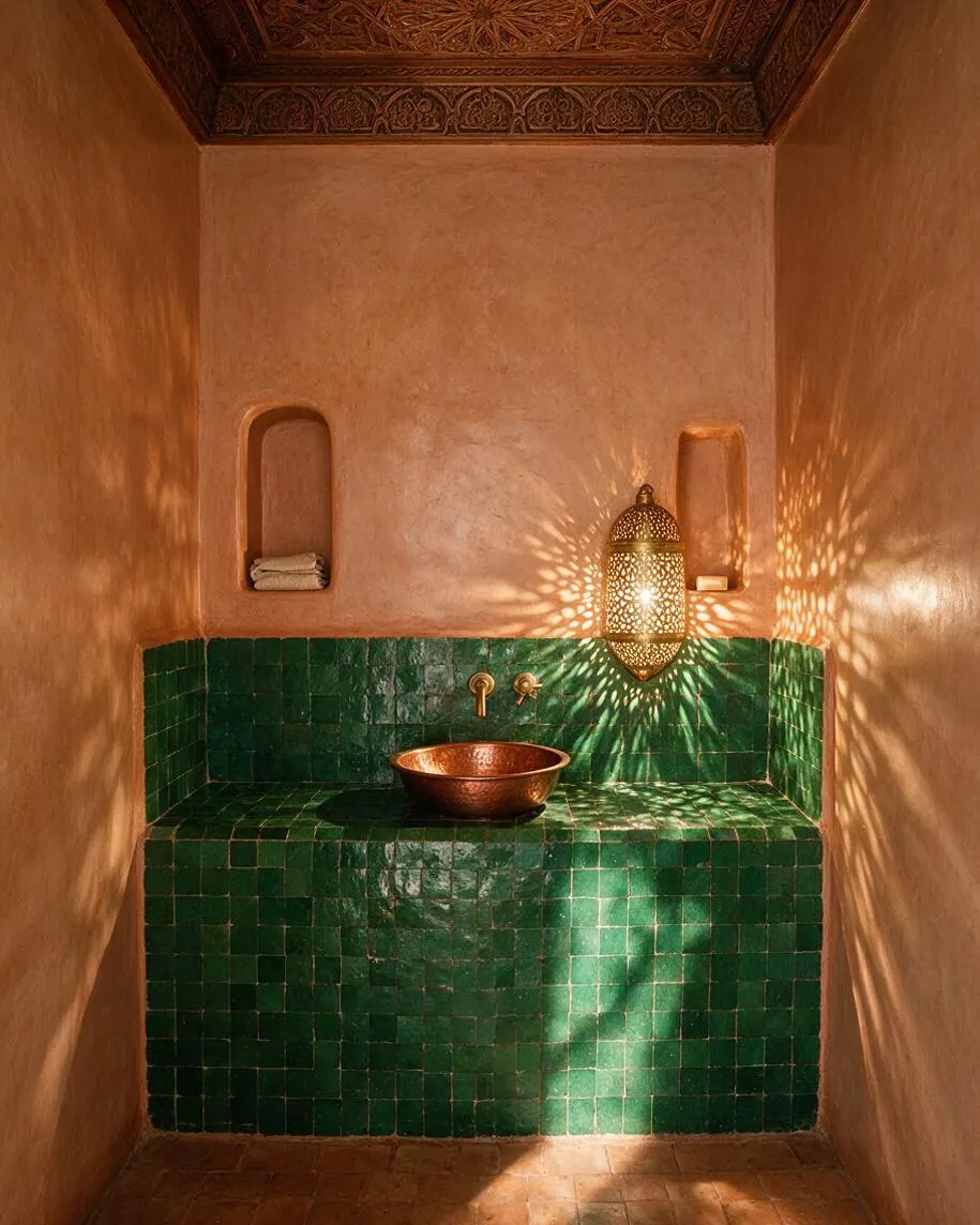 A narrow powder room with warm plaster walls, an ornate carved ceiling, and a built-in vanity wrapped in glossy green square tiles. A copper bowl sink sits beneath brass wall fixtures, while a pierced lantern casts decorative light patterns across the walls.
