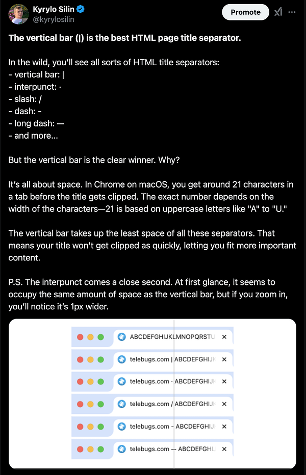 A comparison of different HTML page title separators displayed in a browser interface.