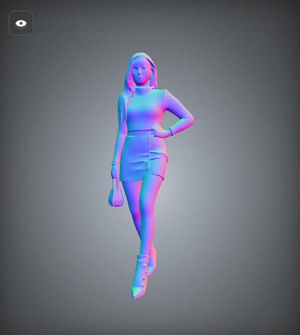 A stylized 3D model of a female figure in a fashionable outfit.
