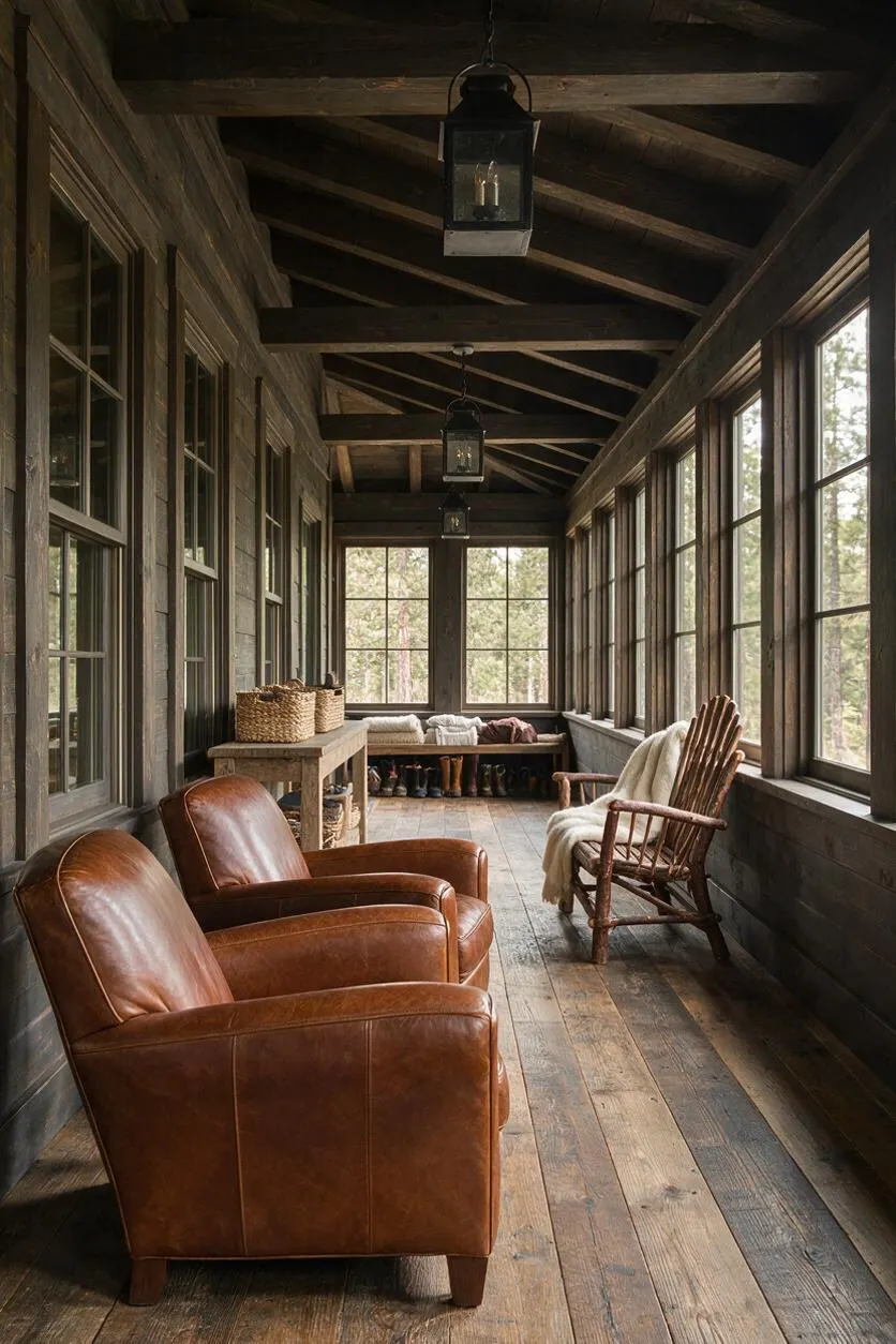 A narrow rustic sunroom with dark wood walls and exposed ceiling beams, lined with large windows on both sides. Two tan leather armchairs sit in the foreground, while a wooden rocking chair with a cream throw and simple lantern pendant lights add warmth.