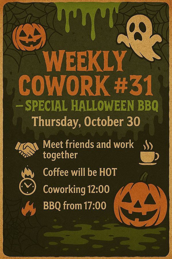 A promotional poster for a Halloween-themed coworking BBQ event.