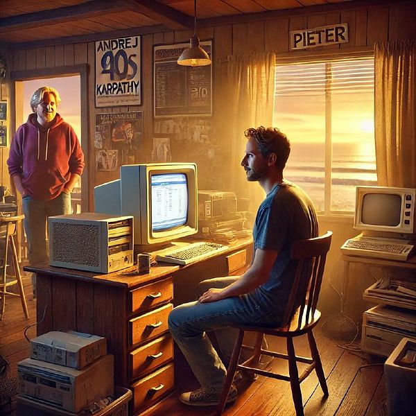 A nostalgic scene depicting a young man at a computer in a cozy room, with a visitor observing him.