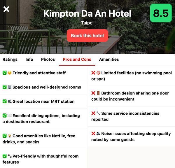 The image displays a hotel review for Kimpton Da An Hotel in Taipei, highlighting its pros and cons.