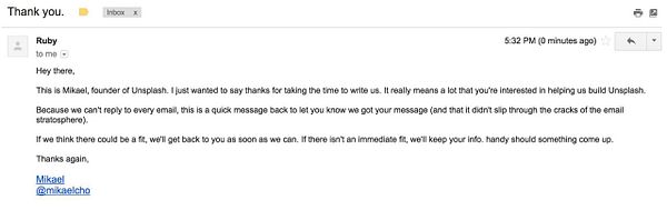 The image shows an email from Mikael, founder of Unsplash, thanking the recipient for their interest.