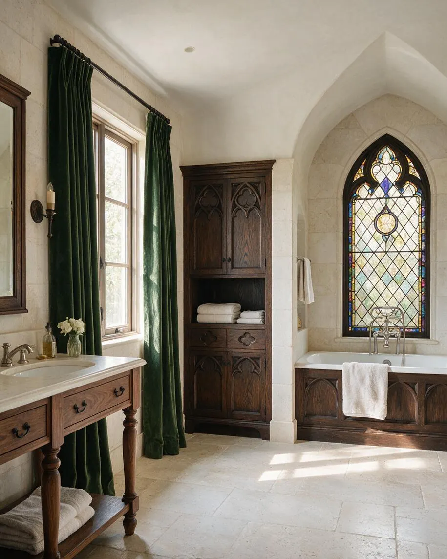 A Gothic-style master bathroom with pale stone walls and floors, a dark wood vanity, and a built-in cabinet. Deep green velvet curtains frame a window, and a pointed stained-glass arch rises above a bathtub with carved dark wood paneling. Soft natural light brightens the serene, cathedral-like space.