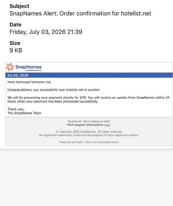 Screenshot of SnapNames backorder process with domain names and pricing details.