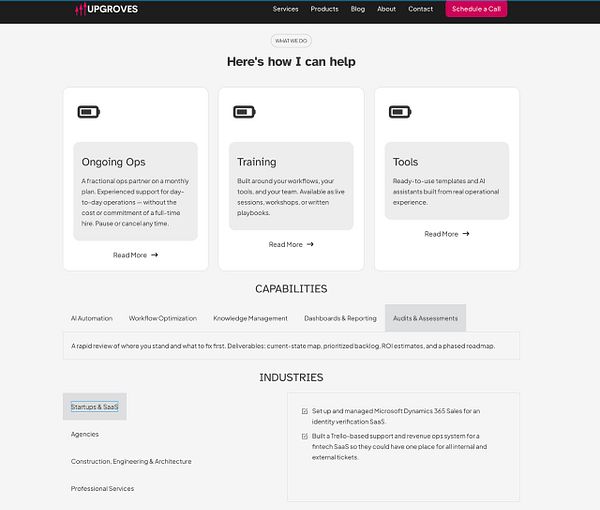 Redesigned services section of a landing page featuring distinctive blocks with icons, headers, and descriptions in a clean layout.