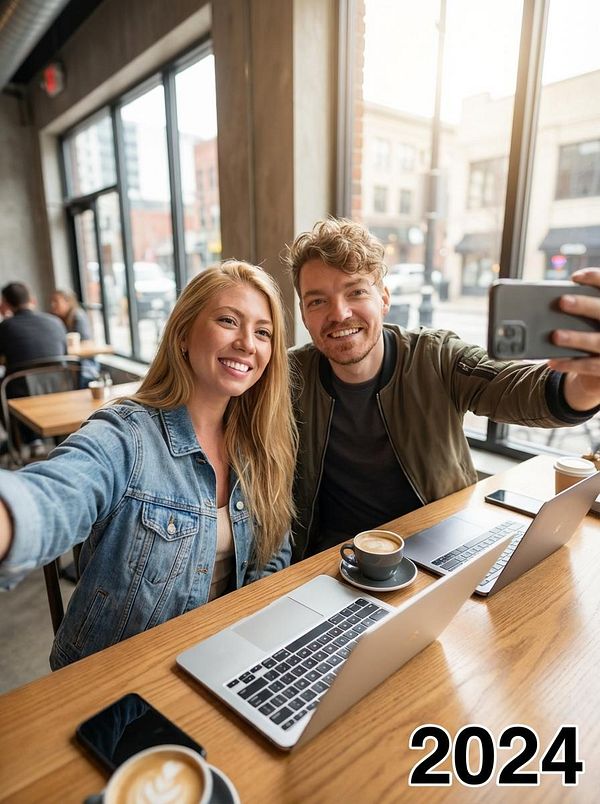 A colorful digital collage titled 'How Long Are You Together?' featuring a multiracial couple in a progressive timeline.