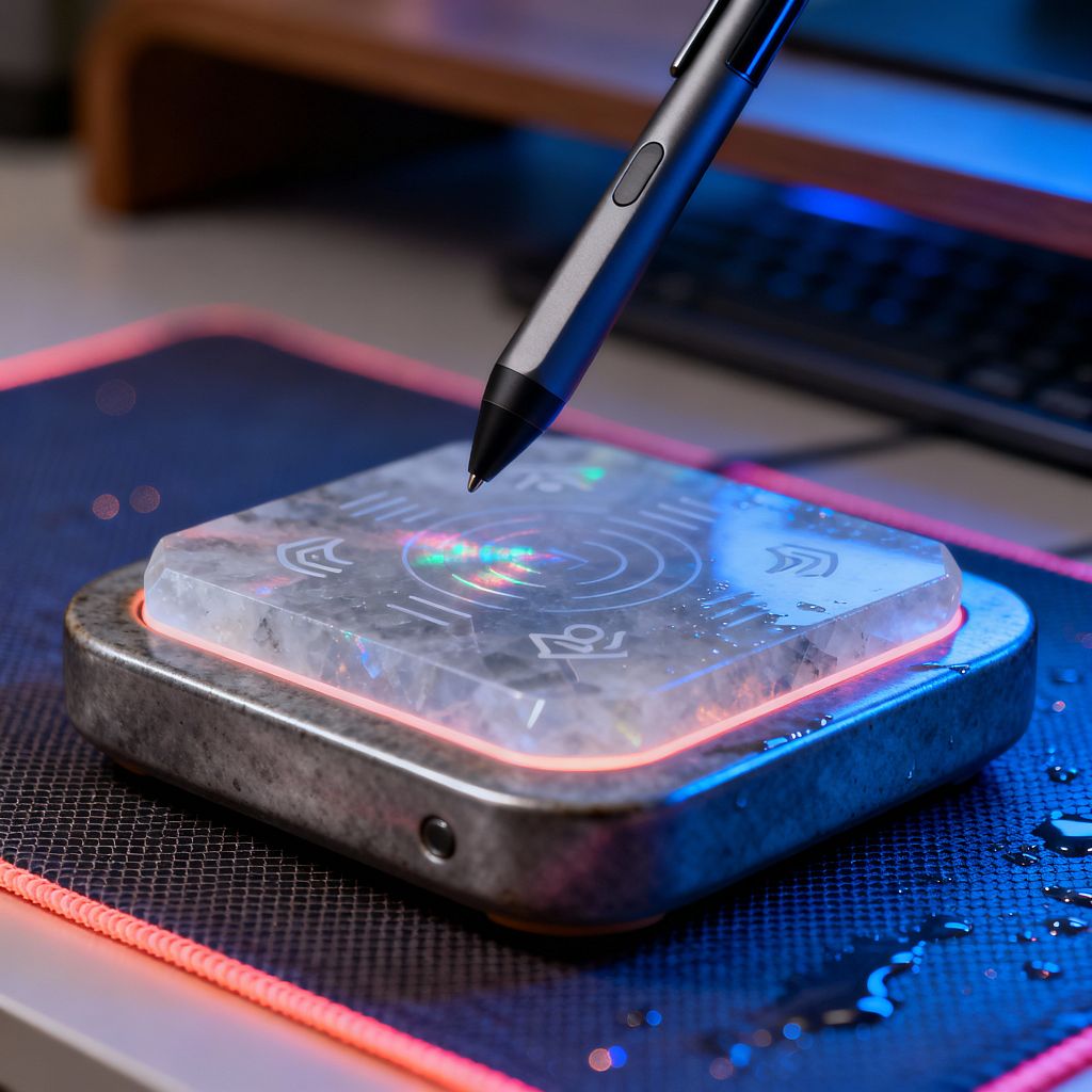 Close-up of a stylus pen hovering above a translucent square pad with etched circuit-like symbols, glowing with RGB light beneath. The pad sits on a rugged gunmetal base atop a dark, mesh-textured mouse pad edged with neon pink, with scattered water droplets; a softly blurred keyboard and wooden monitor shelf appear in the background under blue and magenta ambient lighting.