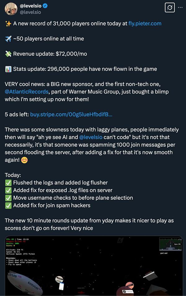 A social media post detailing updates and statistics for an online game, accompanied by a screenshot of the game interface.