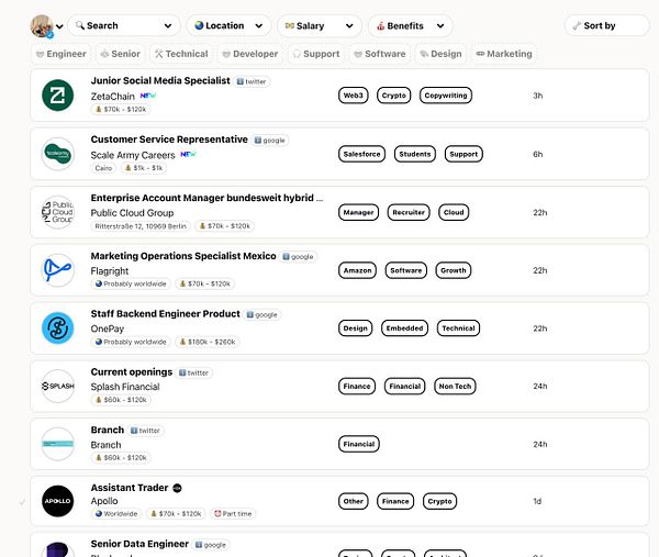The image displays a job listing interface with various job postings and their details.
