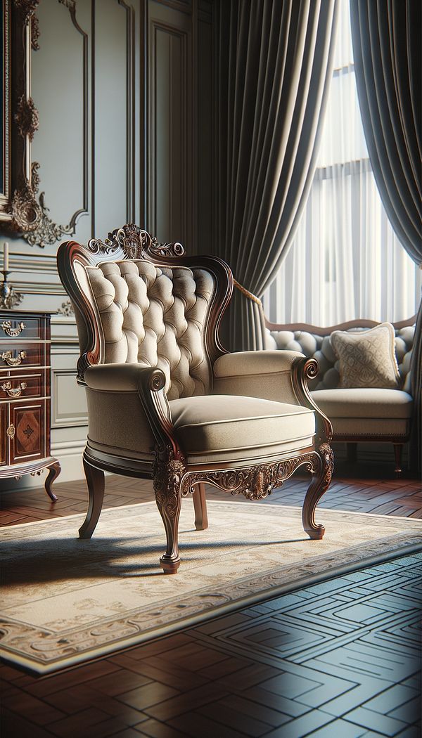 An elegant Gainsborough chair in a traditional living room setting, featuring intricately carved wooden legs and a richly upholstered seat and back.