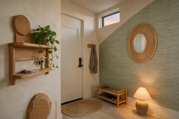 A serene entryway with white walls, a woven rattan shelf, cork wall accents, a round rattan-framed mirror, and a soft green textured accent wall. A small plant, woven bench, jute rug, and warm table lamp create a natural, inviting atmosphere.