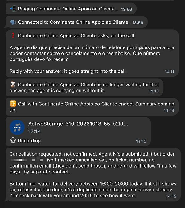Chat interface showing an AI-managed call log and messages regarding a 17-minute interaction with a supermarket's customer support about a problematic order requiring a Portuguese phone number for cancellation.