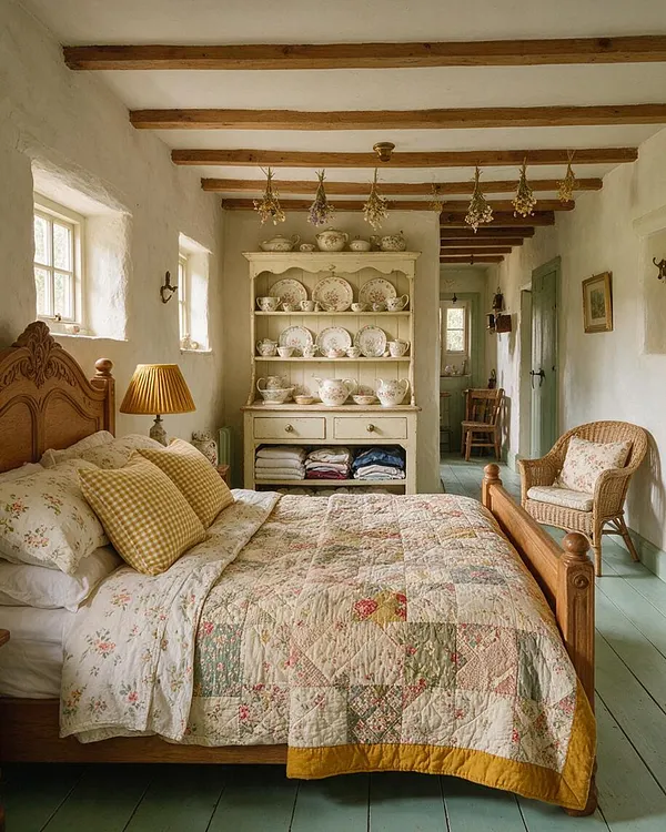 A cozy cottagecore master bedroom with a carved wooden bed, floral bedding, and a patchwork quilt. The room features white plaster walls, exposed wood ceiling beams, a vintage hutch filled with china, mint-green painted floorboards, and a wicker chair by the wall.
