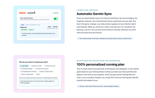 The image displays a redesigned pricing page for a running app, featuring sections on automatic Garmin sync and personalized training plans.
