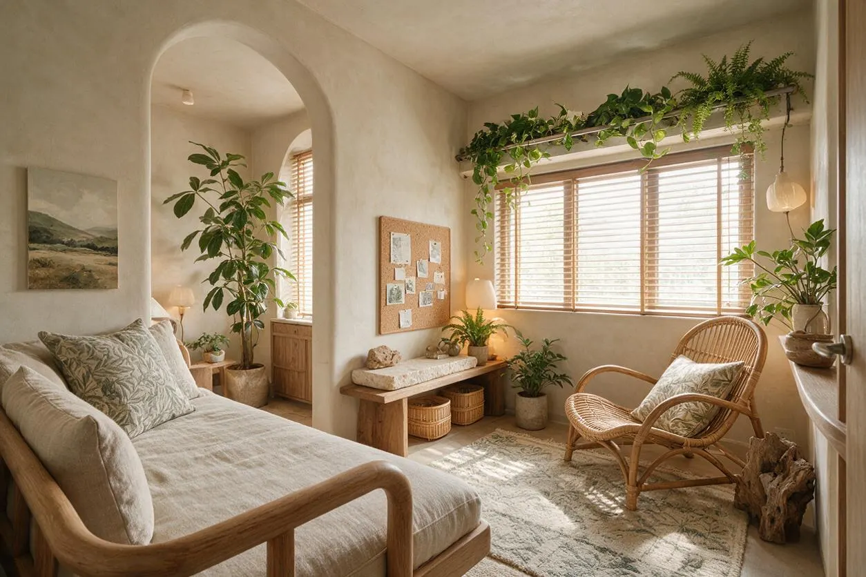 A serene guest bedroom with a light wood bed dressed in soft beige linens, a rattan lounge chair, and many potted plants placed around the room. Natural light enters through a large window with wood blinds, and trailing greenery sits on a shelf above it, creating a warm biophilic atmosphere.