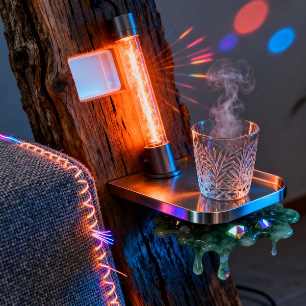 Close-up of a living room vignette where a rough vertical timber post holds a cylindrical orange plasma lamp and a small brushed-steel shelf with a steaming cut-glass tumbler. A square recessed niche emits blue light. Below the shelf, a drip-shaped emerald epoxy detail with iridescent studs is attached. To the left, a gray tweed sofa is edged with glowing neon fiber-optic piping, and colored light reflections cast red and blue halos on the wall.