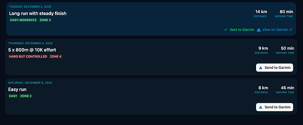 The image displays a workout schedule with details for three running sessions.