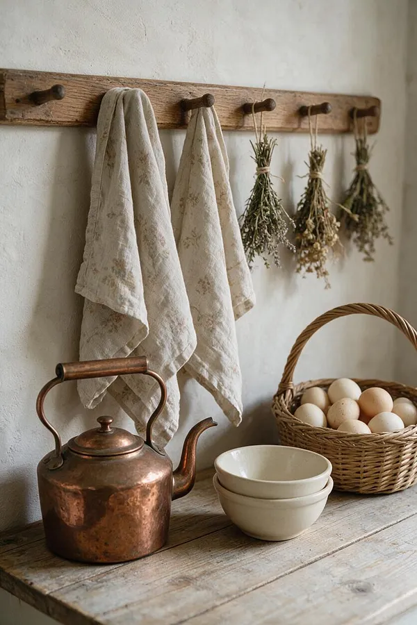A rustic kitchen vignette features a weathered wooden peg rail mounted on a plaster wall, holding two softly patterned linen towels and bundles of dried herbs. Below, a hammered copper kettle sits beside stacked cream ceramic bowls and a wicker basket filled with eggs on a distressed wood table.