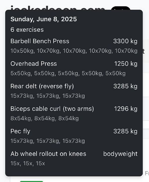 The image displays a workout log for a gym session dated June 8, 2025, detailing various exercises and their corresponding weights.