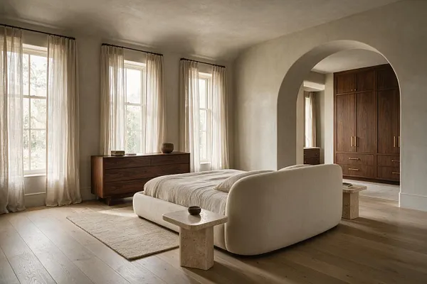 A serene master bedroom with a rounded upholstered bed centered on a pale area rug, three tall windows draped in sheer curtains, and a walnut dresser against the wall. A wide arched opening leads to a dressing area with built-in wood wardrobes, while light plaster walls and warm wood flooring create a calm organic modern feel.