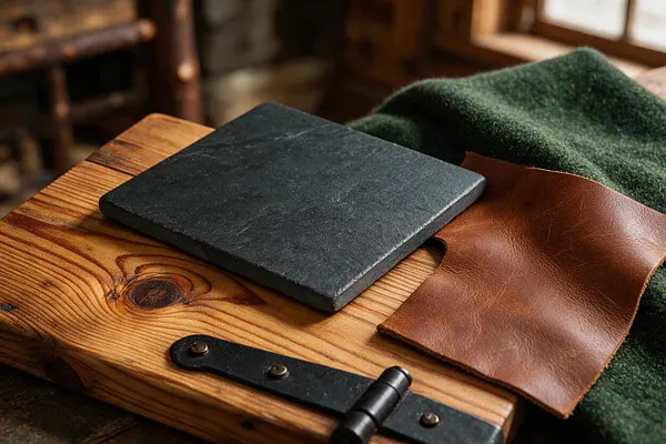 A close-up of a rustic wooden board with prominent grain and knots, topped with a matte black slate tile and a piece of brown leather. A dark metal hinge sits near the front edge, and a textured green fabric drapes across the right side.