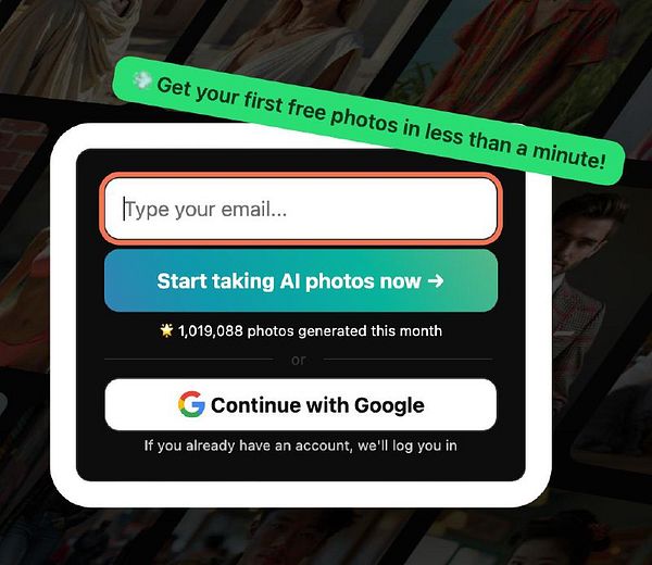 The image displays a sign-up box for an AI photo service with a live photo count and options for email registration or Google sign-in.