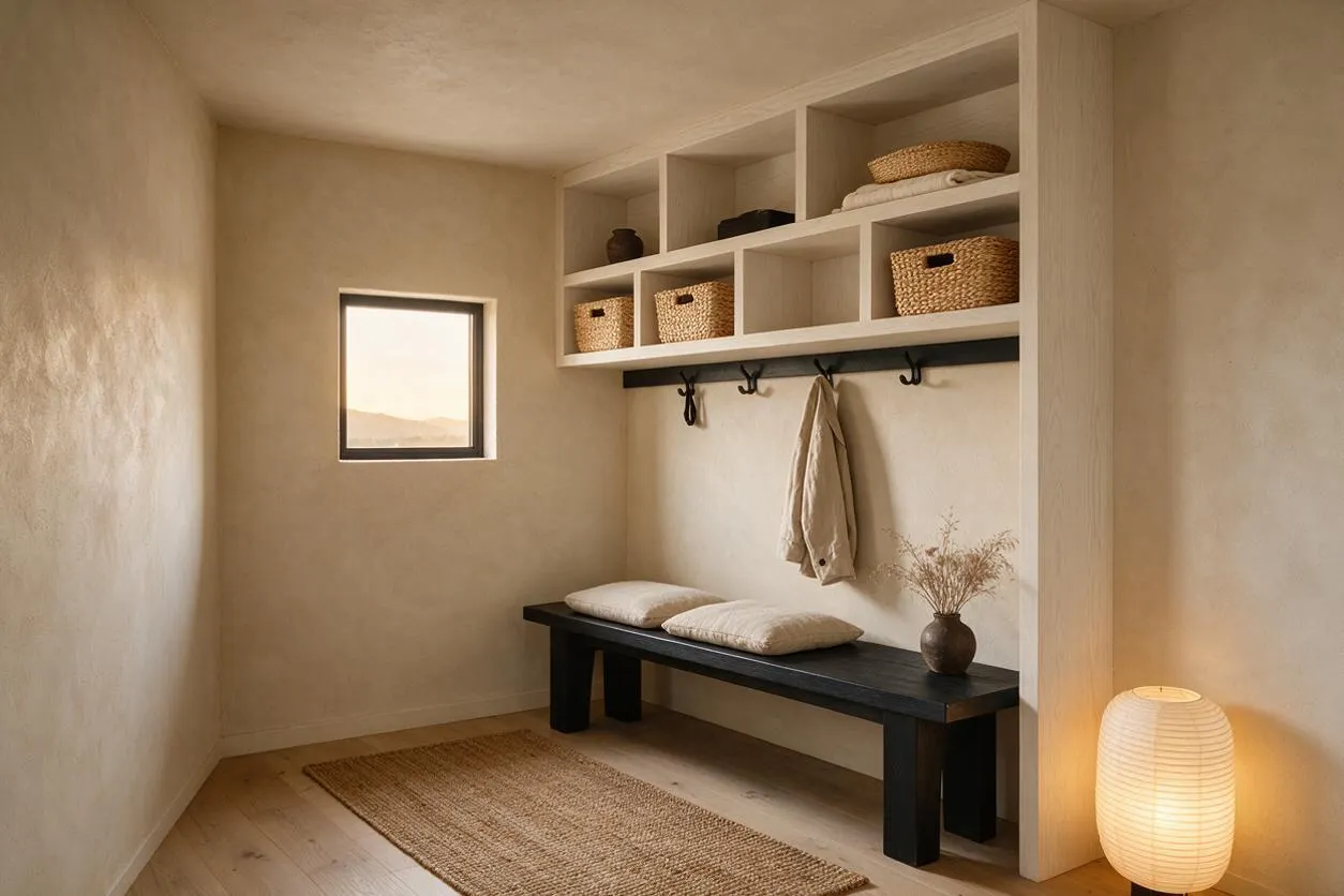 A calm Japandi entryway with a black wooden bench, woven baskets in a built-in cubby shelf, and a small window bringing in soft natural light. Neutral plaster walls, a jute rug, and a glowing paper floor lamp create a warm, minimalist atmosphere.