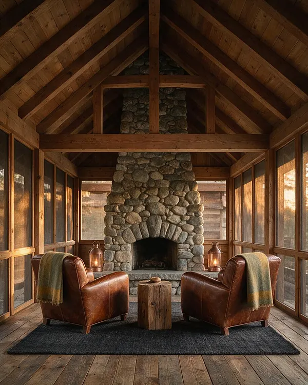A rustic front porch with a tall stone fireplace centered beneath a steep timber roof. Two brown leather armchairs with draped blankets face each other across a small log side table, with lanterns and screened wood walls creating a warm, sheltered retreat.
