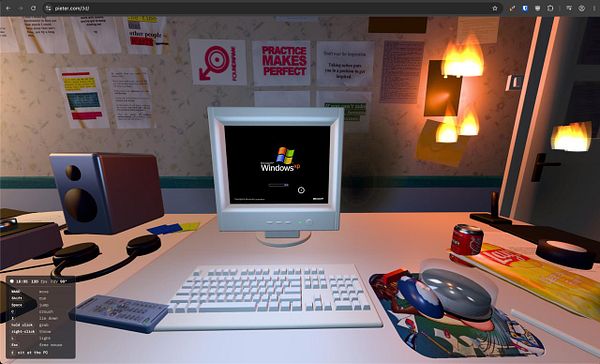 A 3D rendered desktop scene featuring a CRT monitor booting Windows XP, a keyboard, various desk items, and a wall with notes and posters.