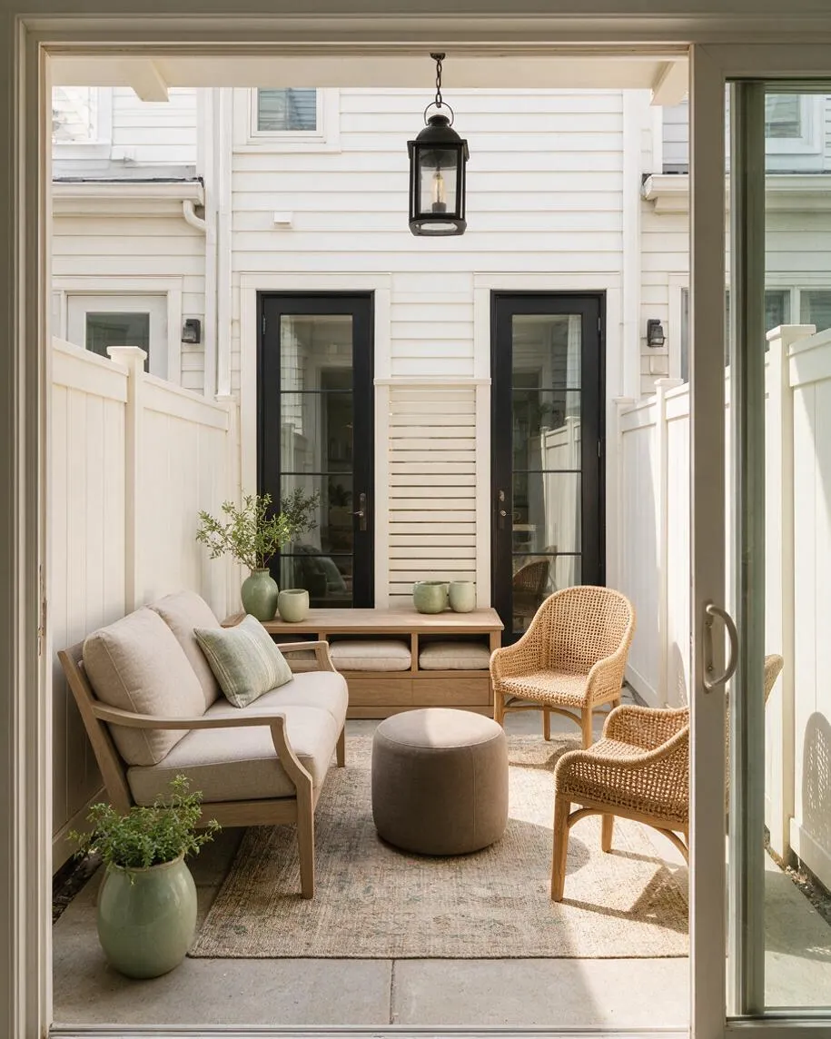 A narrow backyard patio styled as a transitional outdoor lounge with white vinyl privacy fences, black-framed glass doors, and white house siding. The space includes a light wood sofa with beige cushions, two woven chairs, a round taupe ottoman, a pale patterned rug, green ceramic planters, and a black lantern pendant overhead.
