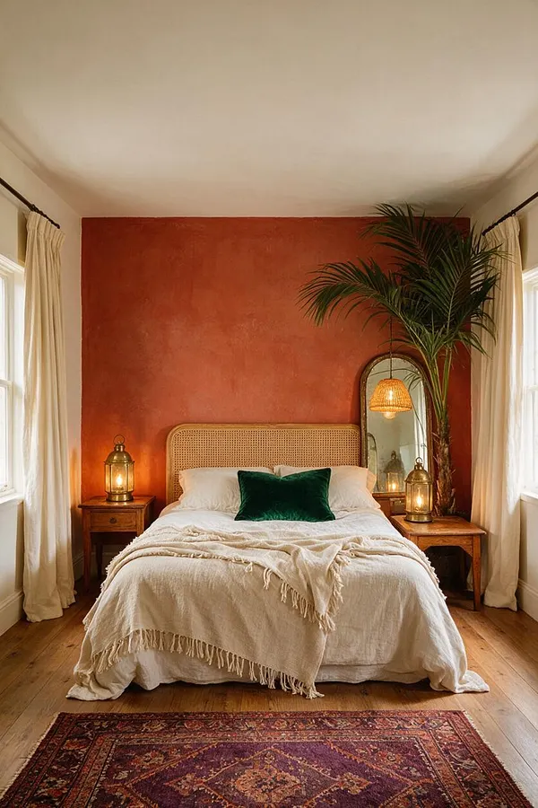 A cozy bohemian master bedroom with a terracotta accent wall, a cane headboard, white bedding with a textured throw, and dark green accent pillow. Wooden nightstands hold lantern-style lamps, a tall palm stands beside a leaning mirror, and cream curtains frame the windows over warm wood floors and a patterned rug.