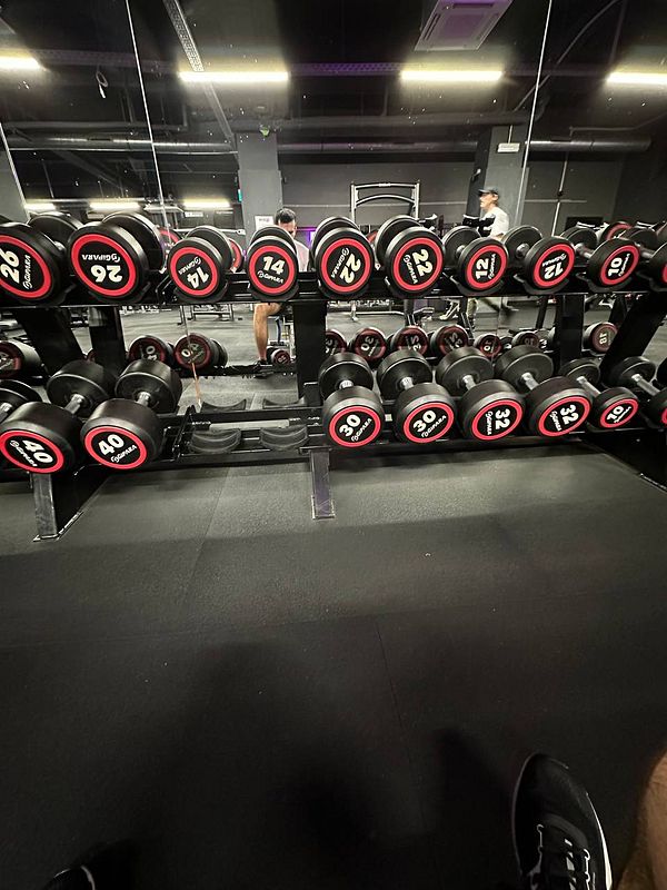 A gym interior featuring a rack of dumbbells and individuals engaged in workouts.