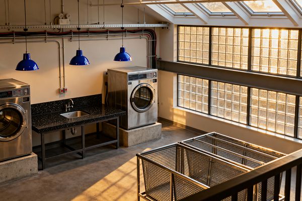 A sunlit industrial laundry room features two stainless-steel front-loading machines on concrete plinths, a black terrazzo-look worktop with a stainless sink, and three cobalt-blue dome pendants. Exposed conduit and cable trays line the cream wall, while polished concrete floors and steel framing reinforce the utilitarian look. A tall wall of glass-block windows and overhead skylights flood the space with warm light, and perforated metal rolling carts sit by a steel railing.