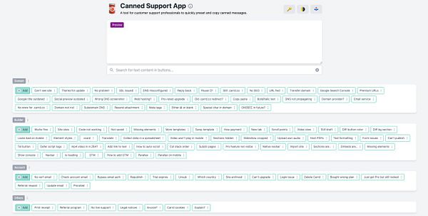 The image displays the interface of the Canned Support App, showcasing various preset responses for customer support tasks.