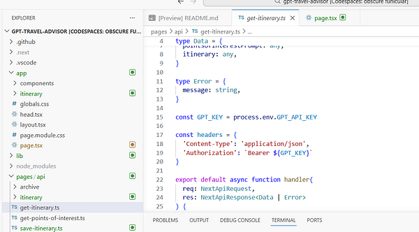 Screenshot of the itinerary generator webapp code editing view in GitHub's online editor.