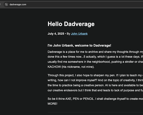 The image displays a personal website titled 'Hello Dadverage' with an introductory message from John Urbank.