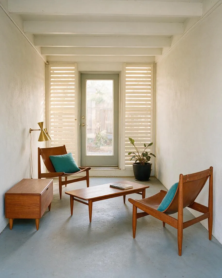 A narrow covered backyard patio furnished in a mid-century modern style, with two sculptural wooden lounge chairs, teal cushions, a low wood coffee table, and a matching side cabinet. White slatted privacy panels, exposed ceiling beams, a pale green door, and a potted plant create a bright, relaxed outdoor retreat.