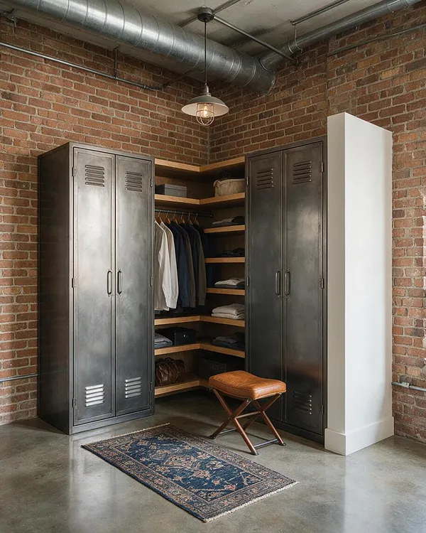 An industrial-style closet with exposed brick walls, silver ductwork on the ceiling, and two tall metal locker-style cabinets framing open wood shelves. The center section holds hanging clothes and folded items, with a brown leather stool and a patterned runner on the concrete floor.