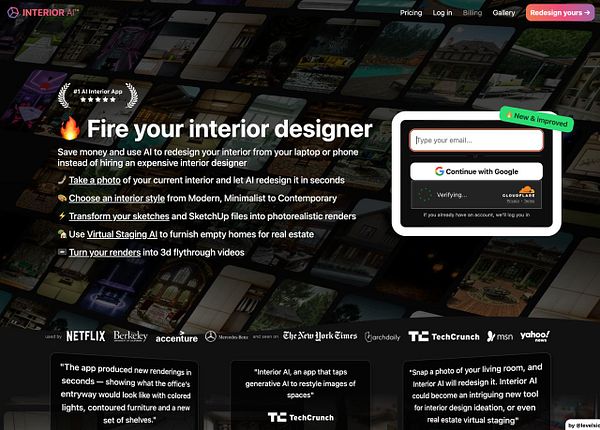The image displays a promotional landing page for the AI interior design app 'Interior AI'.